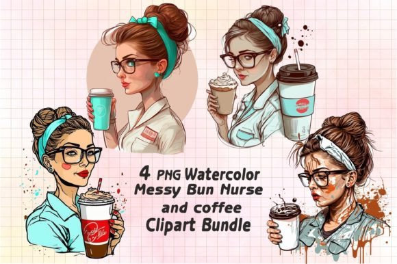 Messy Bun Nurse Drinking Coffee PNG Graphics
