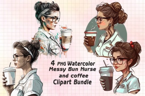 Messy Bun Nurse Drinking Coffee PNG: Graphics for Crafts